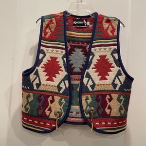 Vintage Boho Southwestern Cowboy Rustic Eclectic Vest Large Aztec Tapestry